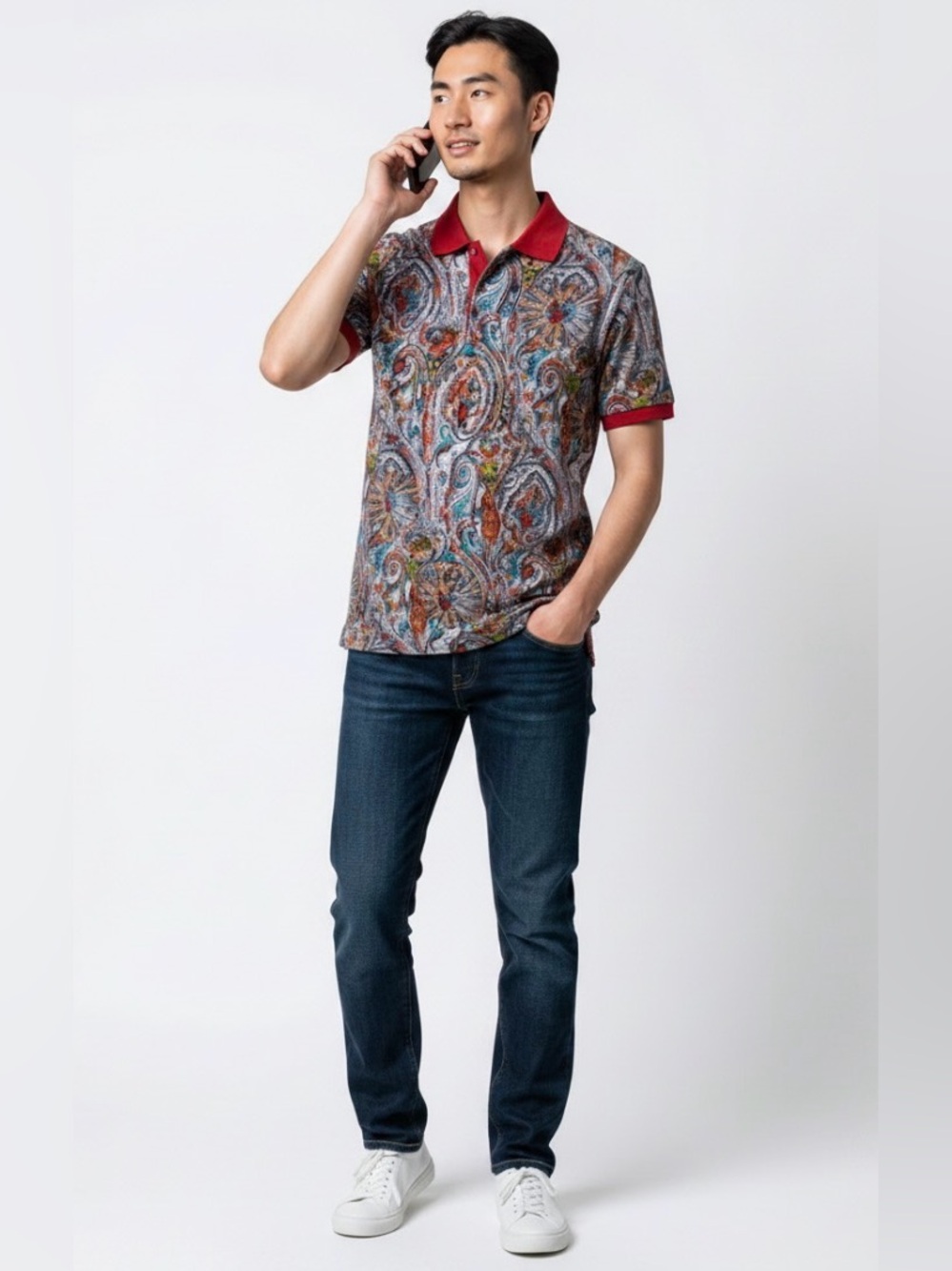 Etro Multicolor Paisley Knit Polo with Red Collar